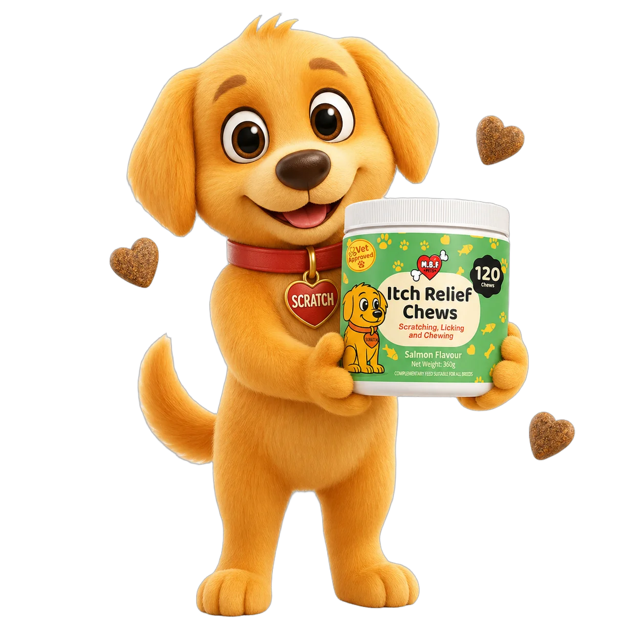 Scratch, the friendly golden retriever puppy mascot of MBF Pets