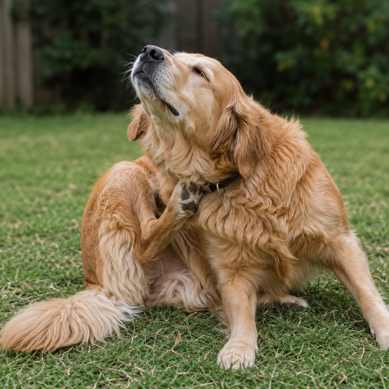 Golden retriever scratching neck