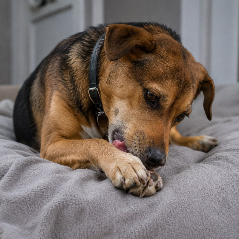 Dog chewing paw on bed