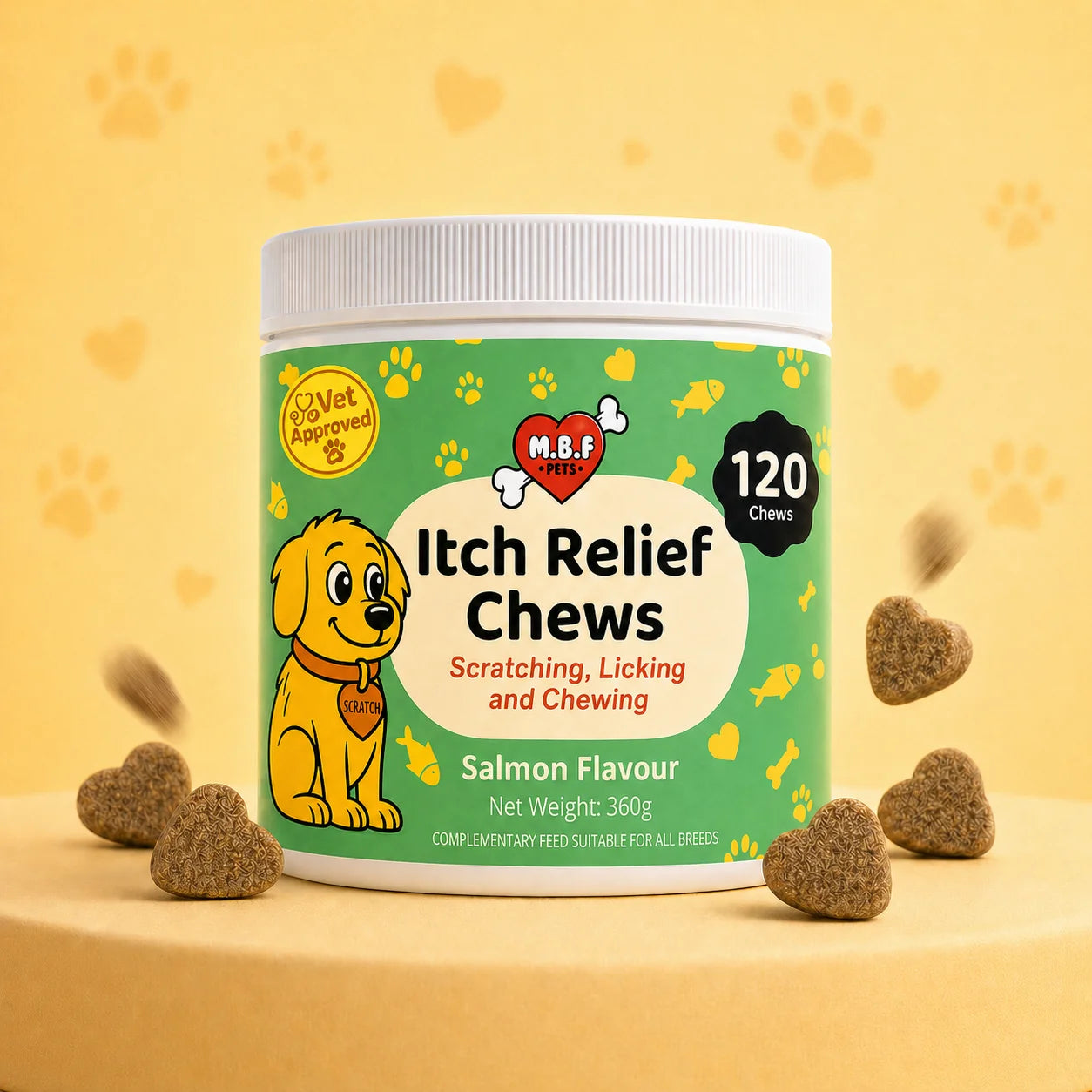 Itch Relief Chews tub with chews on cream background